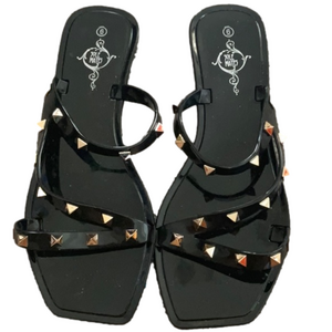 WOMENS BLACK PATENT LEATHER SANDALS WITH GOLD PYRAMID STUDS